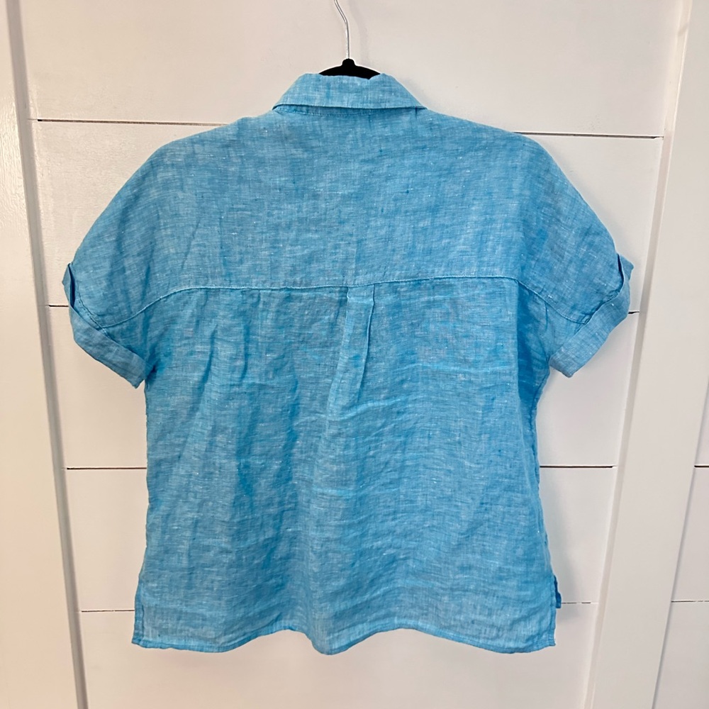 TAHARI S 100% Linen short sleeve blue camp blouse cottagecore Lagonlook coastal - Picture 2 of 10